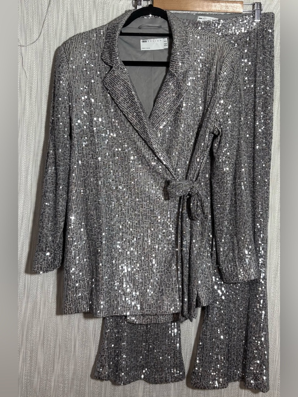ASOS DESIGN Sequin Suit Set Gunmetal Gray Silver Blazer Pants Size 14 petite
